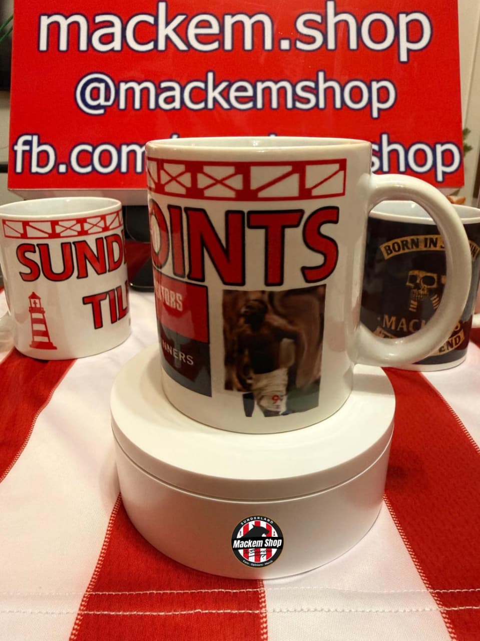Mug with 'POINTS' design on a red and white checkered tablecloth, with 'mackem.shop' branding.