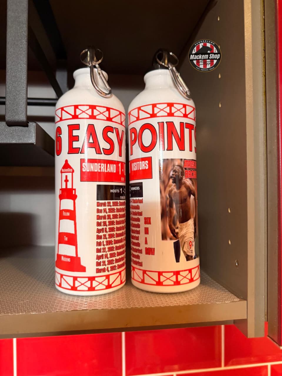 Two bottles labeled 'Six Easy points' on a shelf with a red and white design.