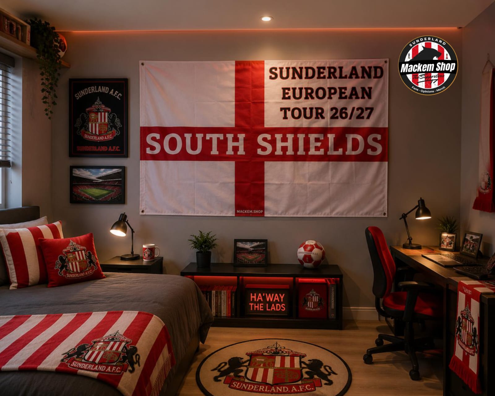 Room interior with Sunderland AFC-themed decor, including a large flag and branded items.