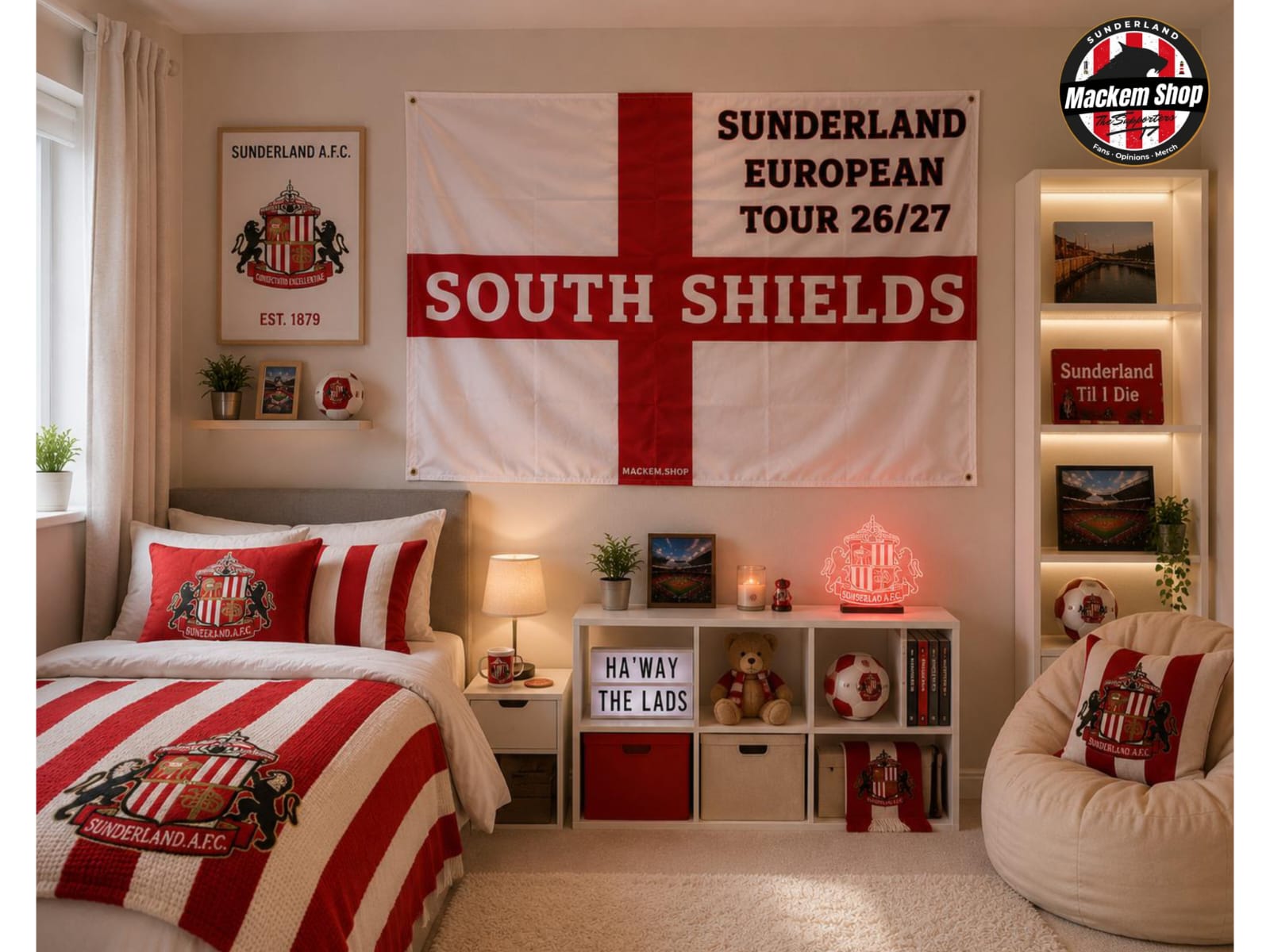 Bedroom with Sunderland AFC-themed decor, including a large flag and branded merchandise.