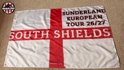 Flag with text 'Sunderland European Tour 26/27 South Shields' on a white background