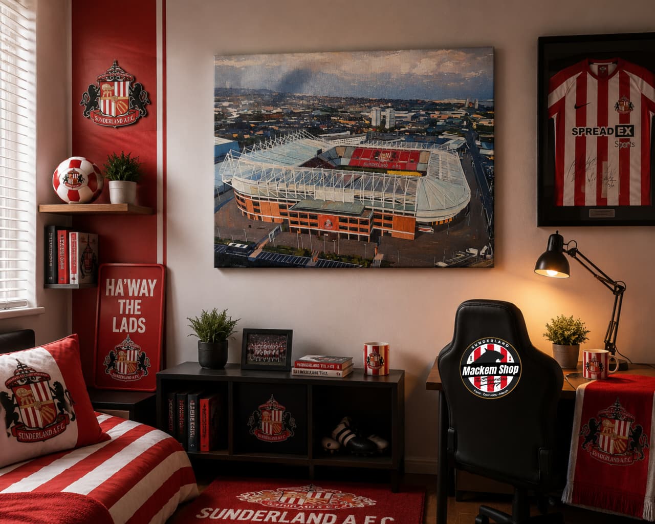 Room interior with Sunderland AFC decor, including a stadium of light Aerial Canvas Painting and team merchandise.