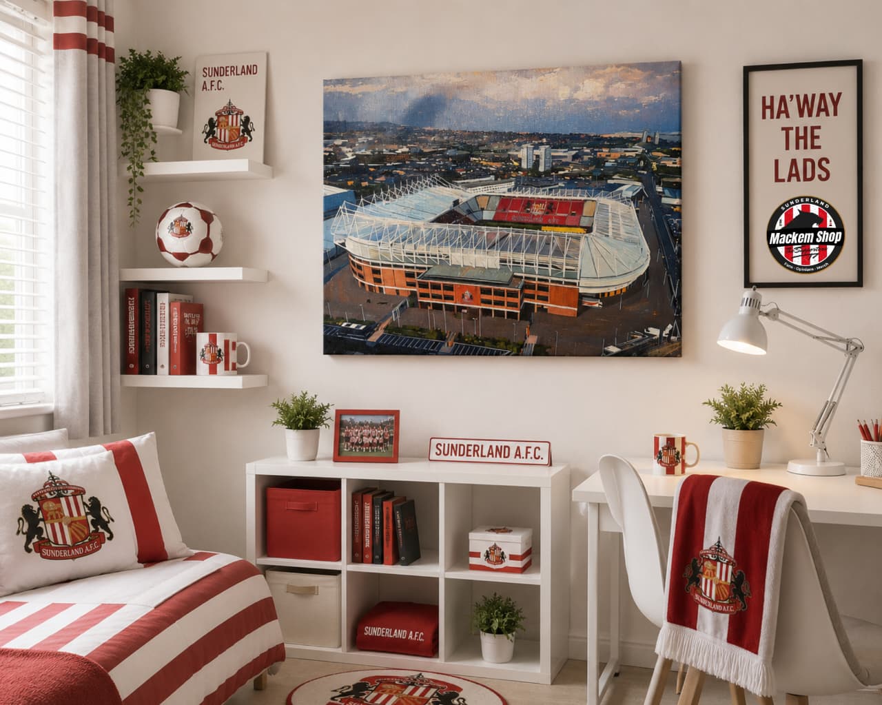 Stadium of Light - Aerial Canvas Painting on a wall in a Sunderland AFC themed room.