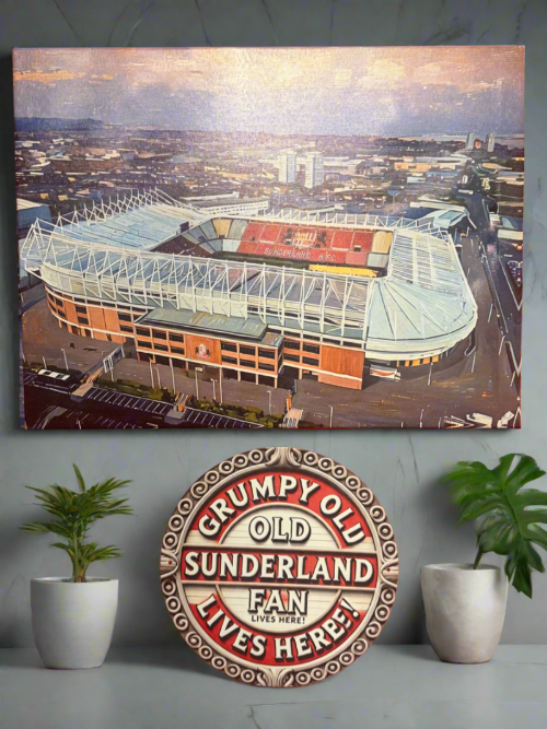 Canvas print of a stadium with a decorative sign reading 'Grumpy Old Sunderland Fan Lives Here' on a wall.