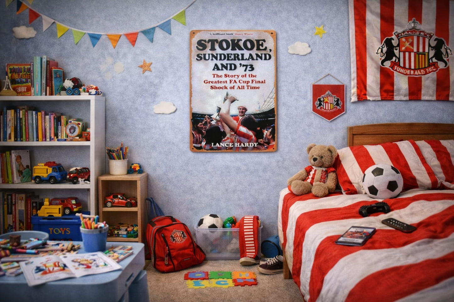 Children's bedroom with a Mackem shop sports-themed Metal sign, including a poster and flags.