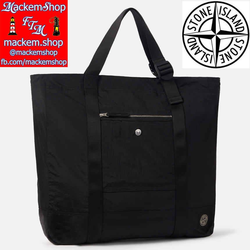 Black tote bag with Stone Island logo on a white background