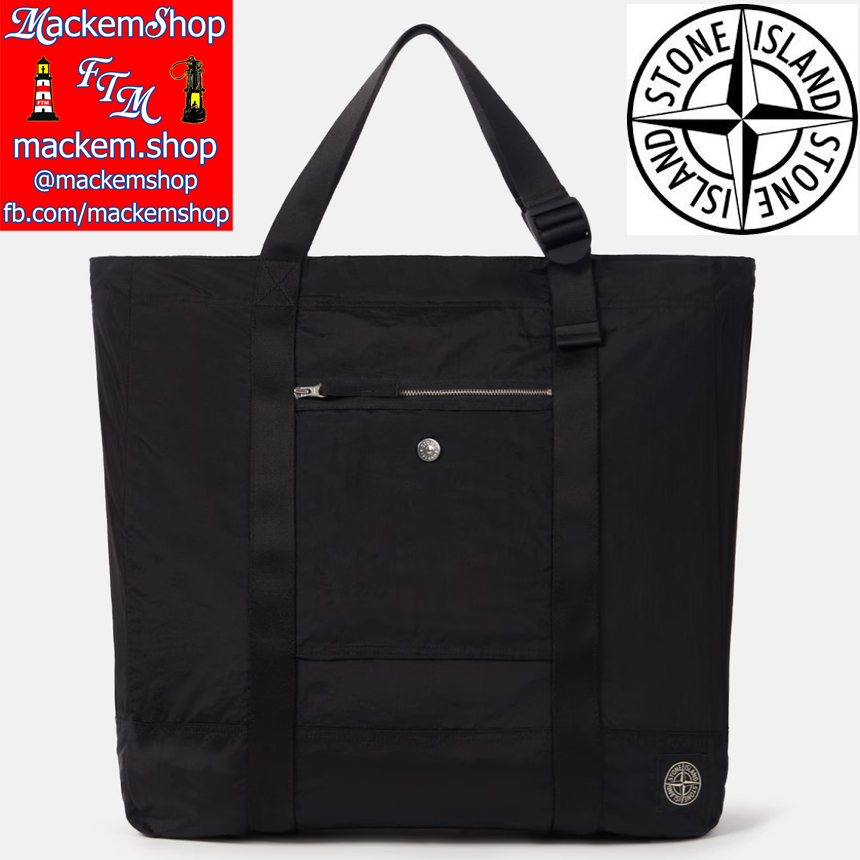 Black tote bag with Stone Island logo on a white background