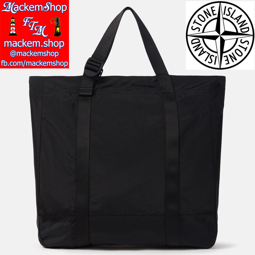 Black tote bag with Stone Island logo on a white background