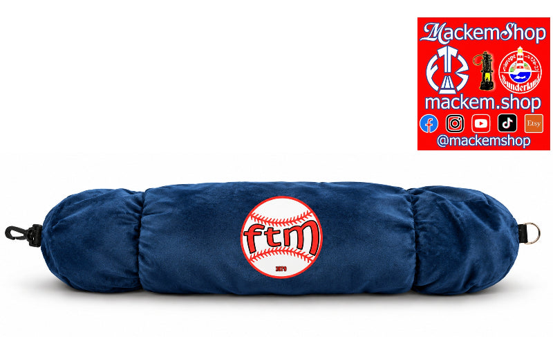 A navy blue plush cylindrical support pillow with a baseball graphic featuring the letters 'ftm' in red. The pillow is shown on a white background with a red MackemShop watermark in the top right corner.