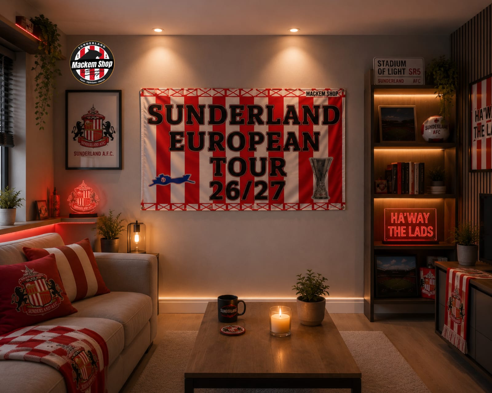 Living room with Sunderland European Tour 26/27 banner on the wall, decorated with sports memorabilia.