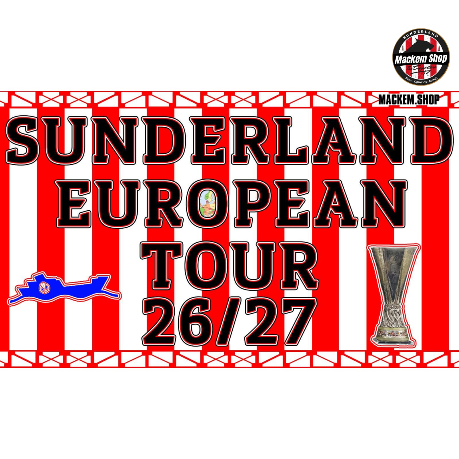 Promotional poster for Sunderland European Tour 26/27 with red and white stripes and trophy graphics.