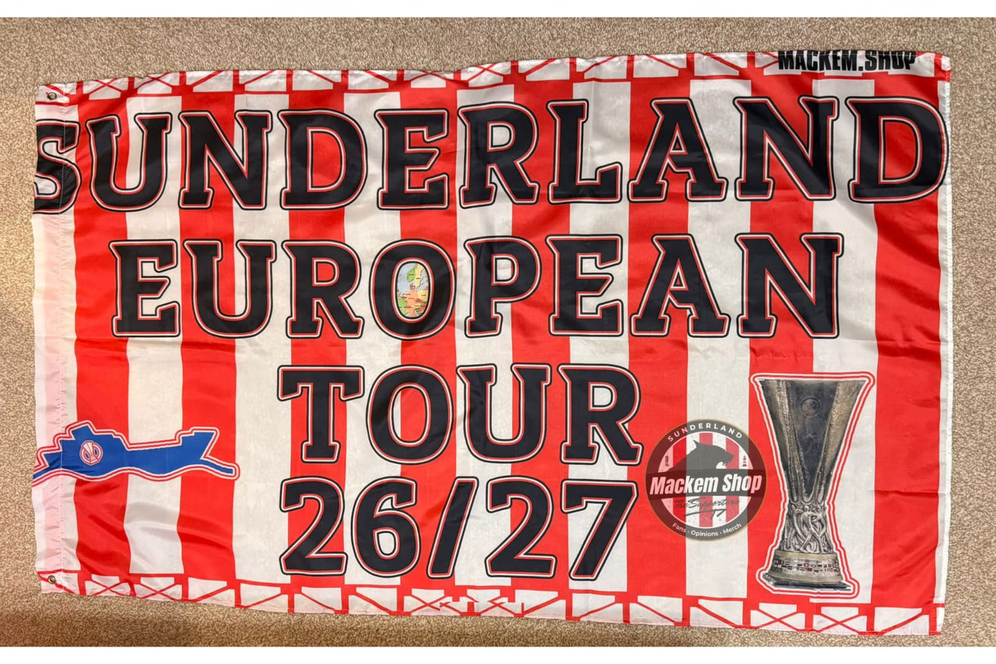 Sunderland European Tour 26/27 flag with red and white stripes and text by MackemShop.