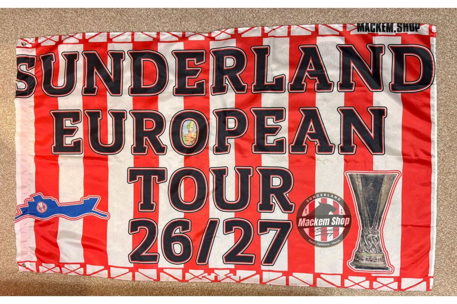 Sunderland European Tour 26/27 flag with red and white stripes and text by MackemShop.