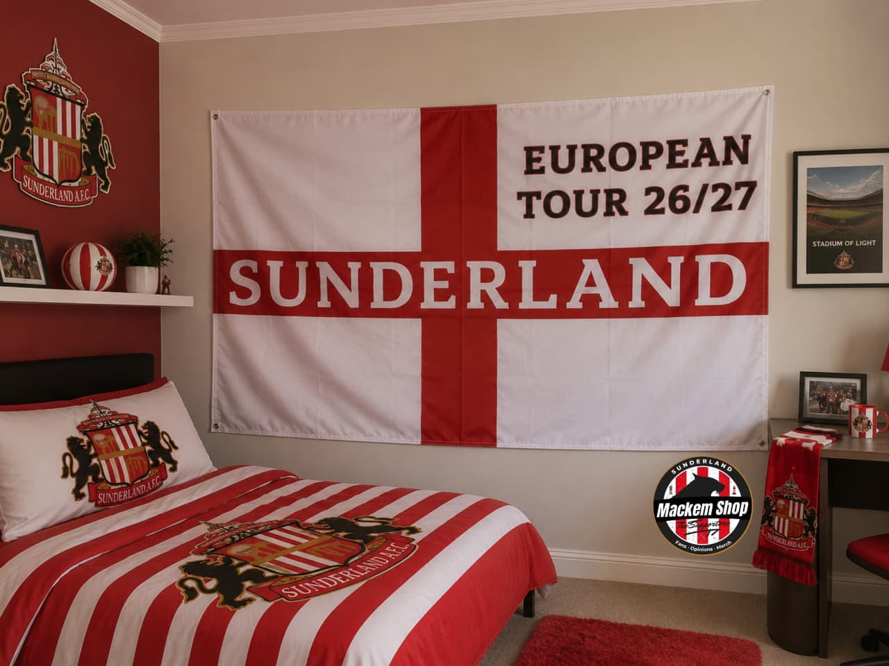 Bedroom with Sunderland-themed decor, including a large Sunderland European tour 26/27 flag and bedspread.