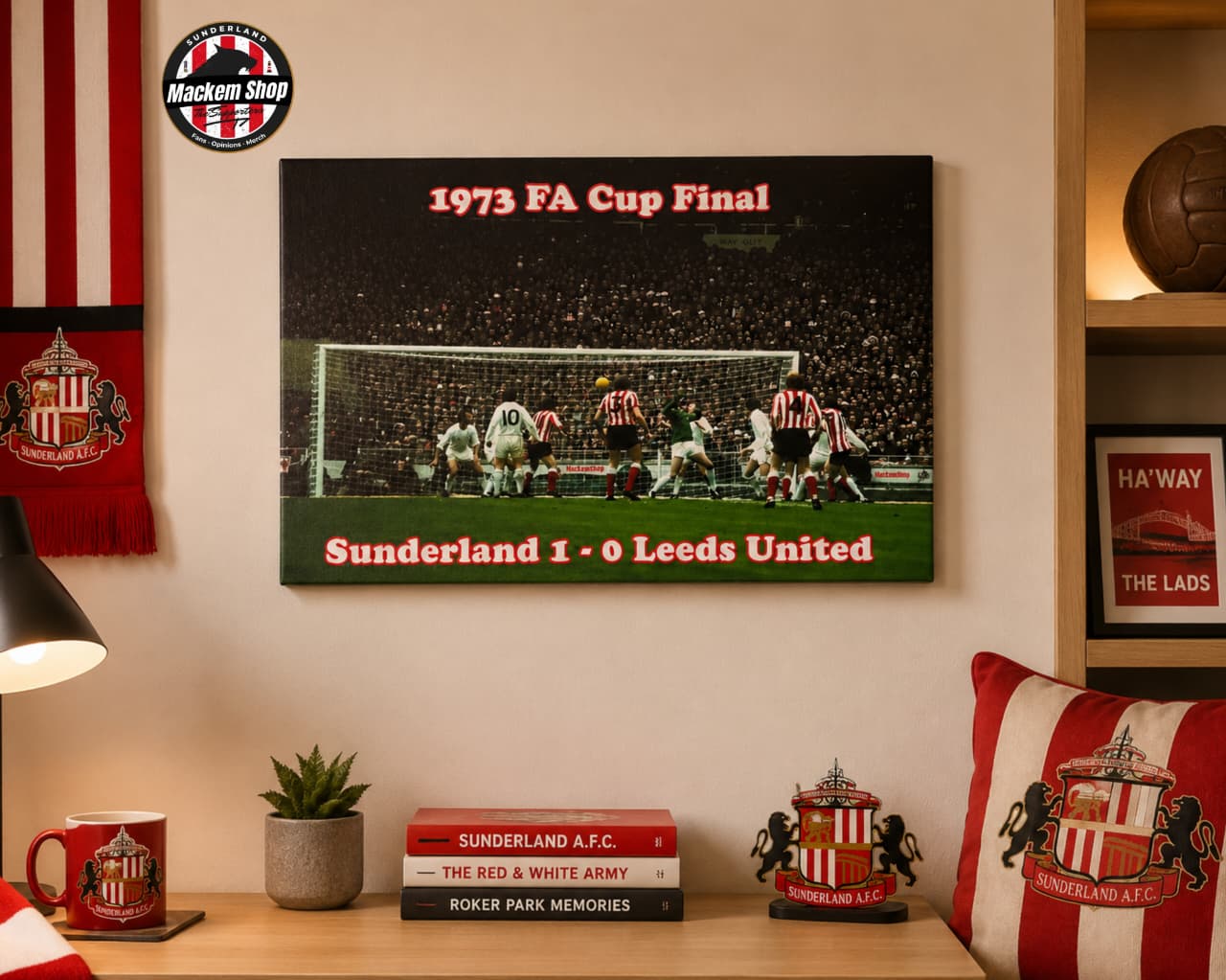 Room interior with a framed poster of the 1973 FA Cup Final between Sunderland and Leeds United, surrounded by sports-themed decor.