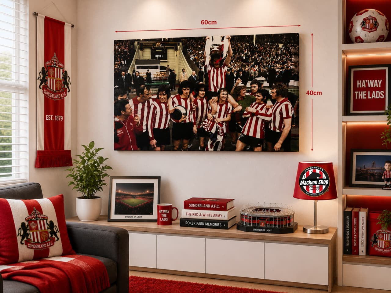 Living room with sports-themed decor, including a large photo of a sports team on the wall.