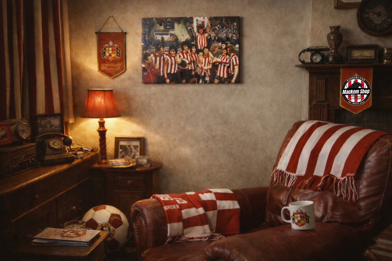 Living room with a brown leather sofa, and A Mackem shop Sunderland 1973 Celebrations Canvas print on the wall.