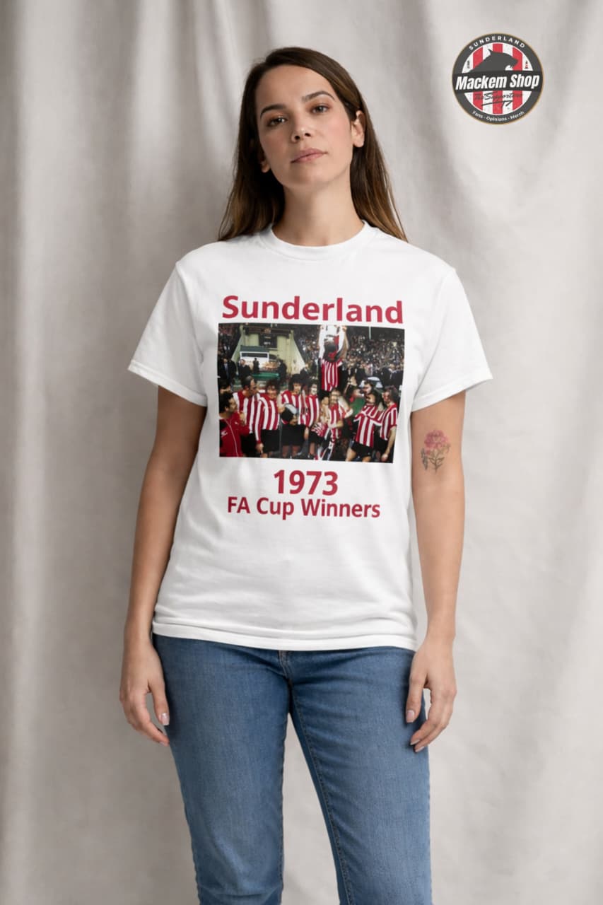 Sunderland 1973 FA Cup winner celebration Tshirt worn by A female model.