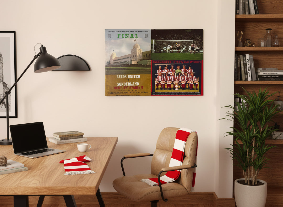 Home office with a desk, chair, and sports memorabilia on the wall.