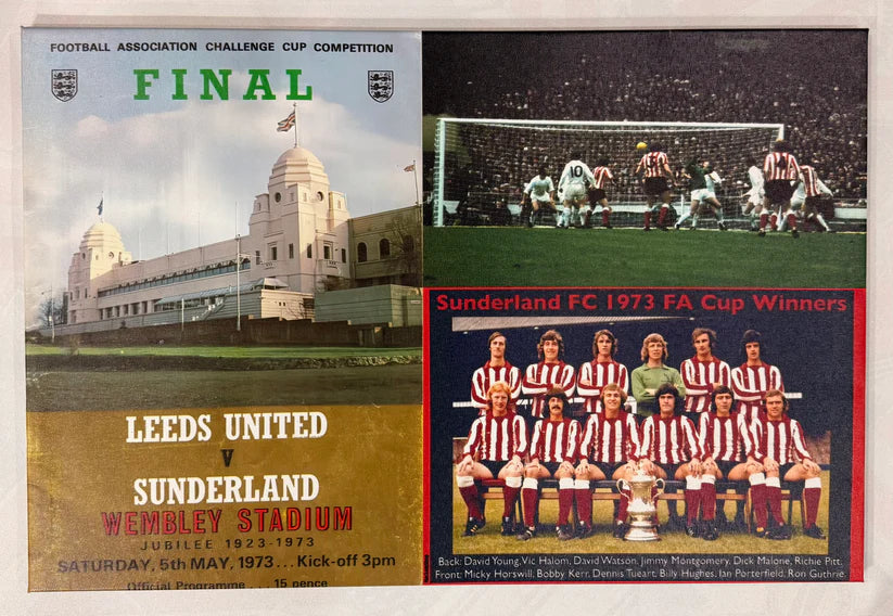 Soccer event poster with Leeds United vs Sunderland at Wembley Stadium, featuring a team photo and text.
