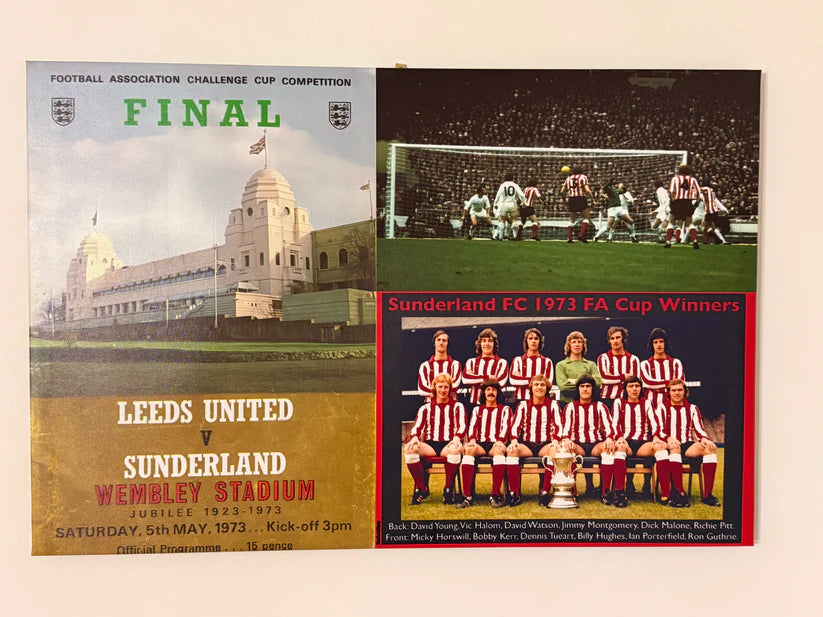 Two football memorabilia items: a poster of Leeds United vs Sunderland at Wembley Stadium and a team photo of Sunderland FC 1973 FA Cup Winners.