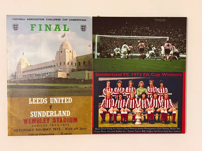 Two football memorabilia items: a poster of Leeds United vs Sunderland at Wembley Stadium and a team photo of Sunderland FC 1973 FA Cup Winners.