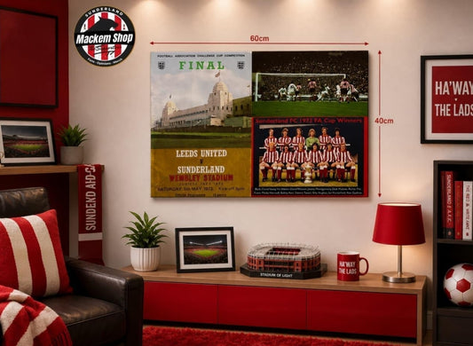 A framed multi-panel football wall poster displayed on a wall in a decorated room. The poster features multiple football club finals and championship panels, including Leeds United and Sunderland.