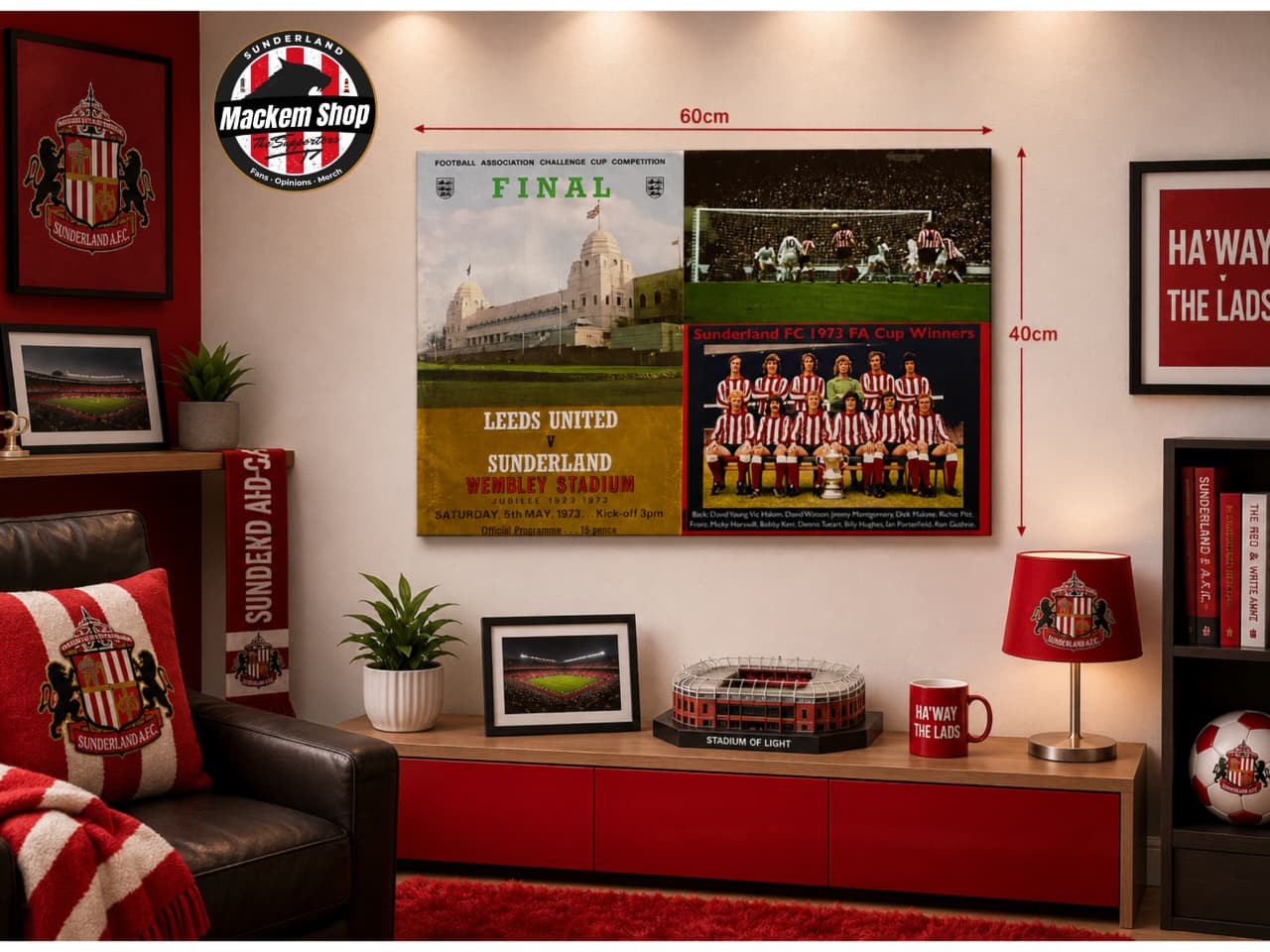 Living room with sports-themed decor, including posters and memorabilia.