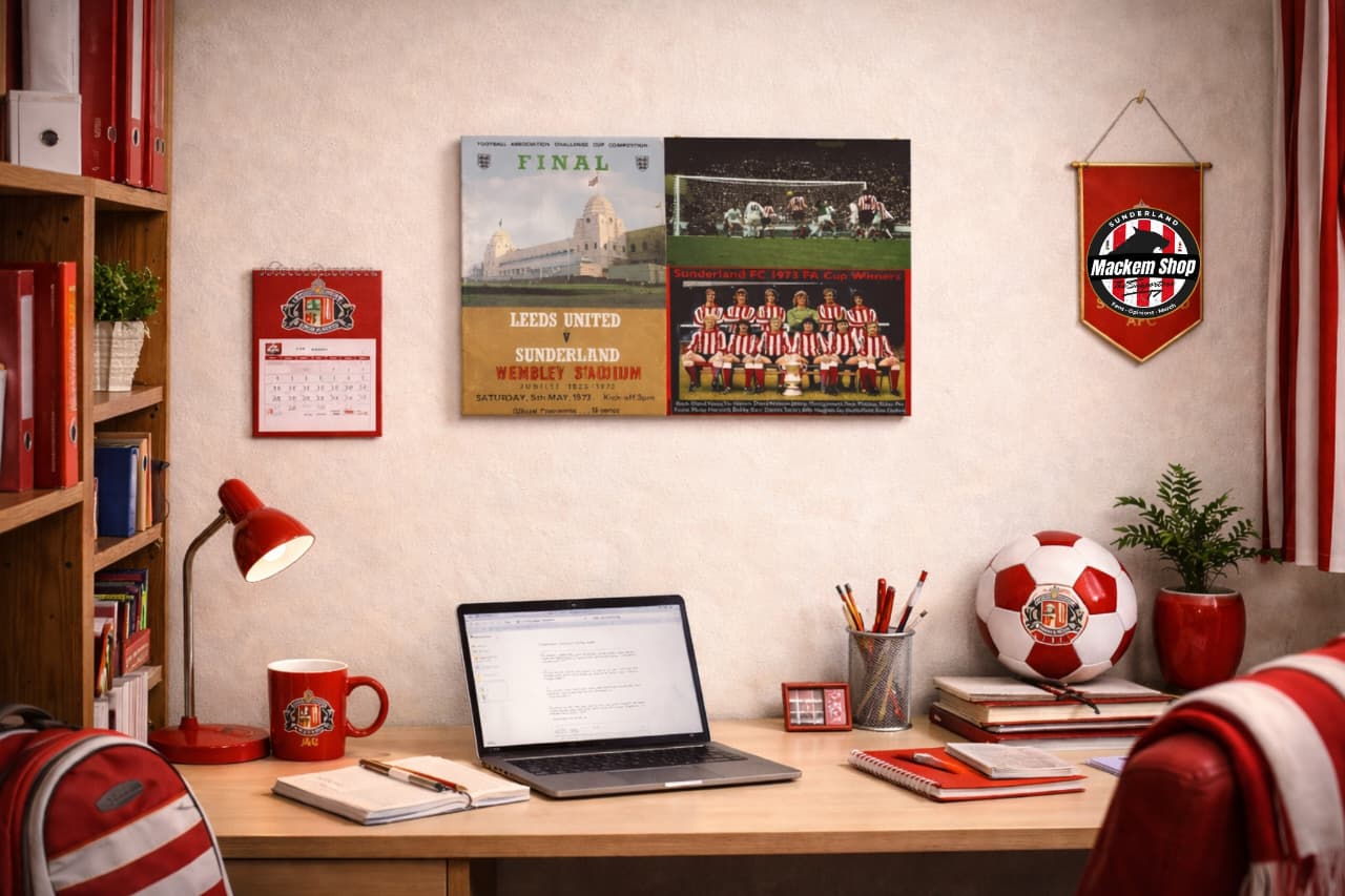 Home office setup with a desk, laptop, and a Mackem shop Canvas print of Sunderland 1973 FA Cup 