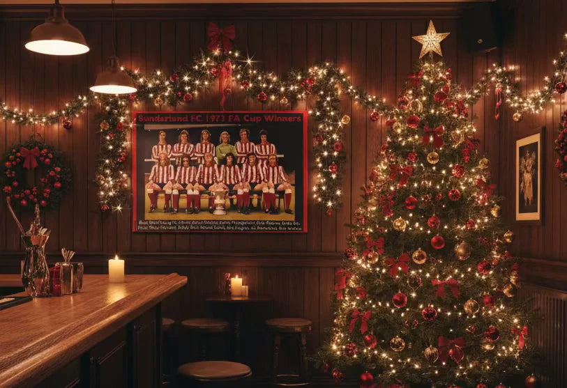 Decorated Christmas tree in a bar with festive lights and a sports team poster on the wall.
