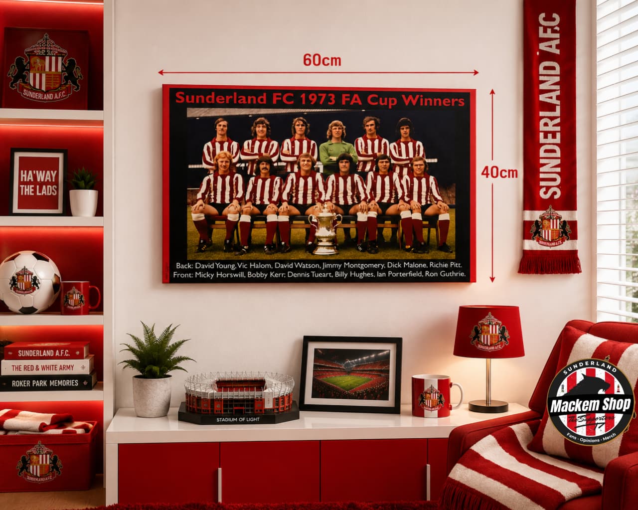 Sunderland FC 1973 FA Cup Winners poster in a room with red and white decor.