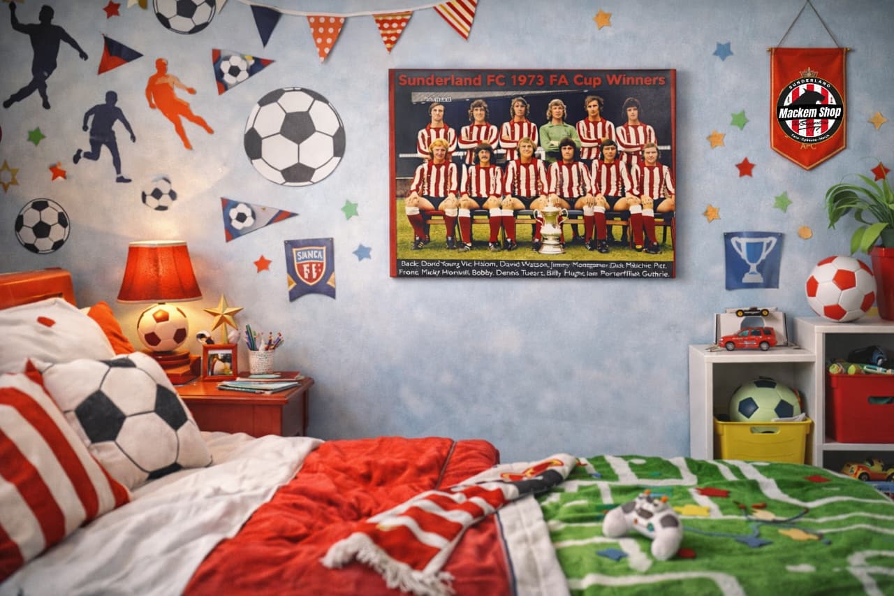 Children's bedroom with sports-themed decor, including a poster of a 1973 FA CUP winners Sunderland Football team and sports balls on the wall.