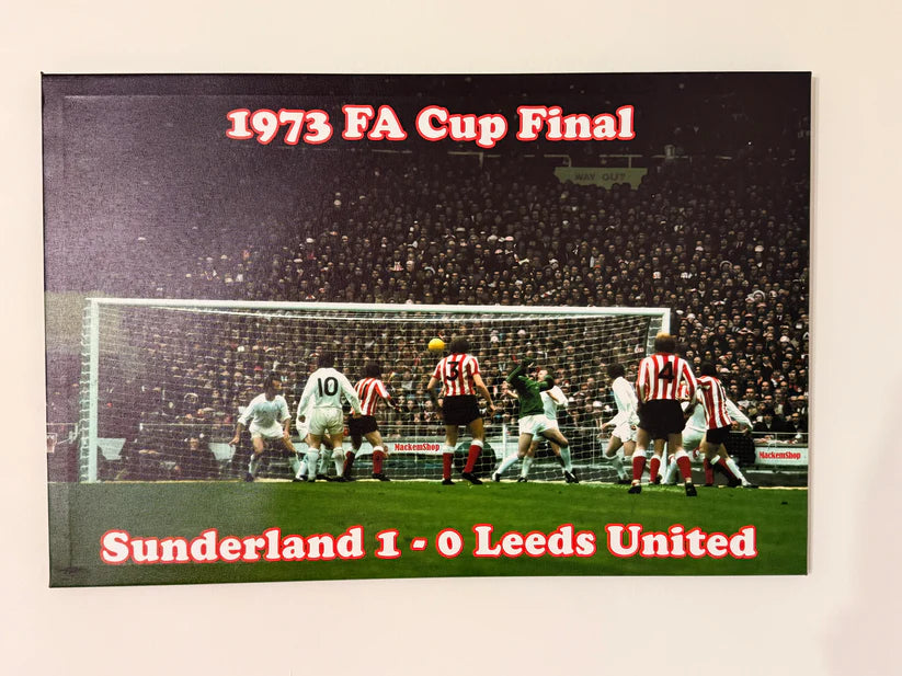 Soccer match poster for the 1973 FA Cup Final between Sunderland and Leeds United.