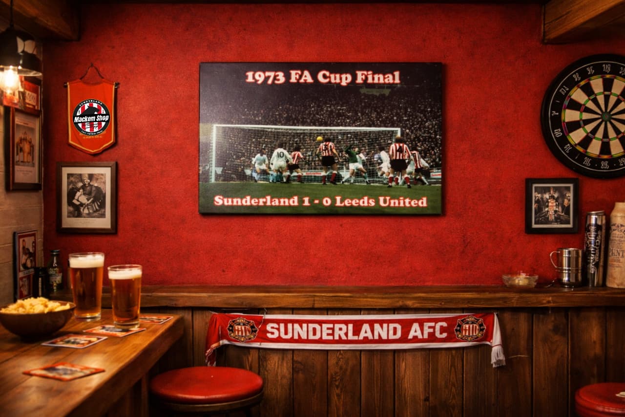 Bar interior with a 1973 FA Cup Final poster, Sunderland AFC banner, and drinks on a bar.