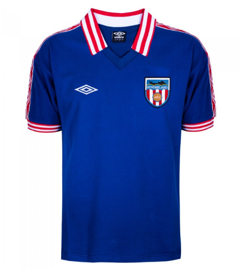 Blue sports jersey with red and white accents on a white background