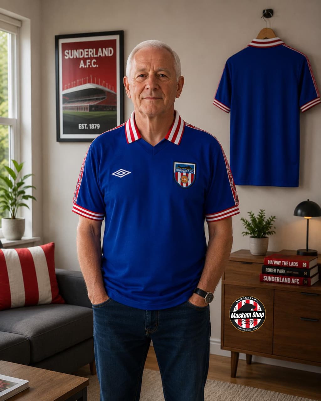 Man wearing a blue sports jersey in a living room with a Sunderland AFC poster and jersey.