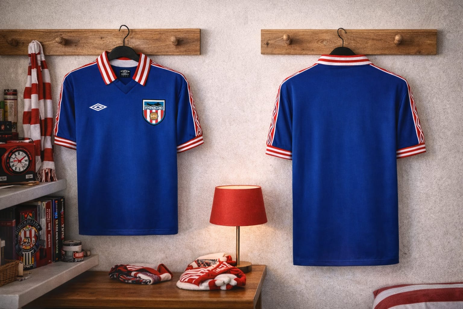 Two blue sports jerseys with red and white accents hanging on wooden hooks against a gray wall.