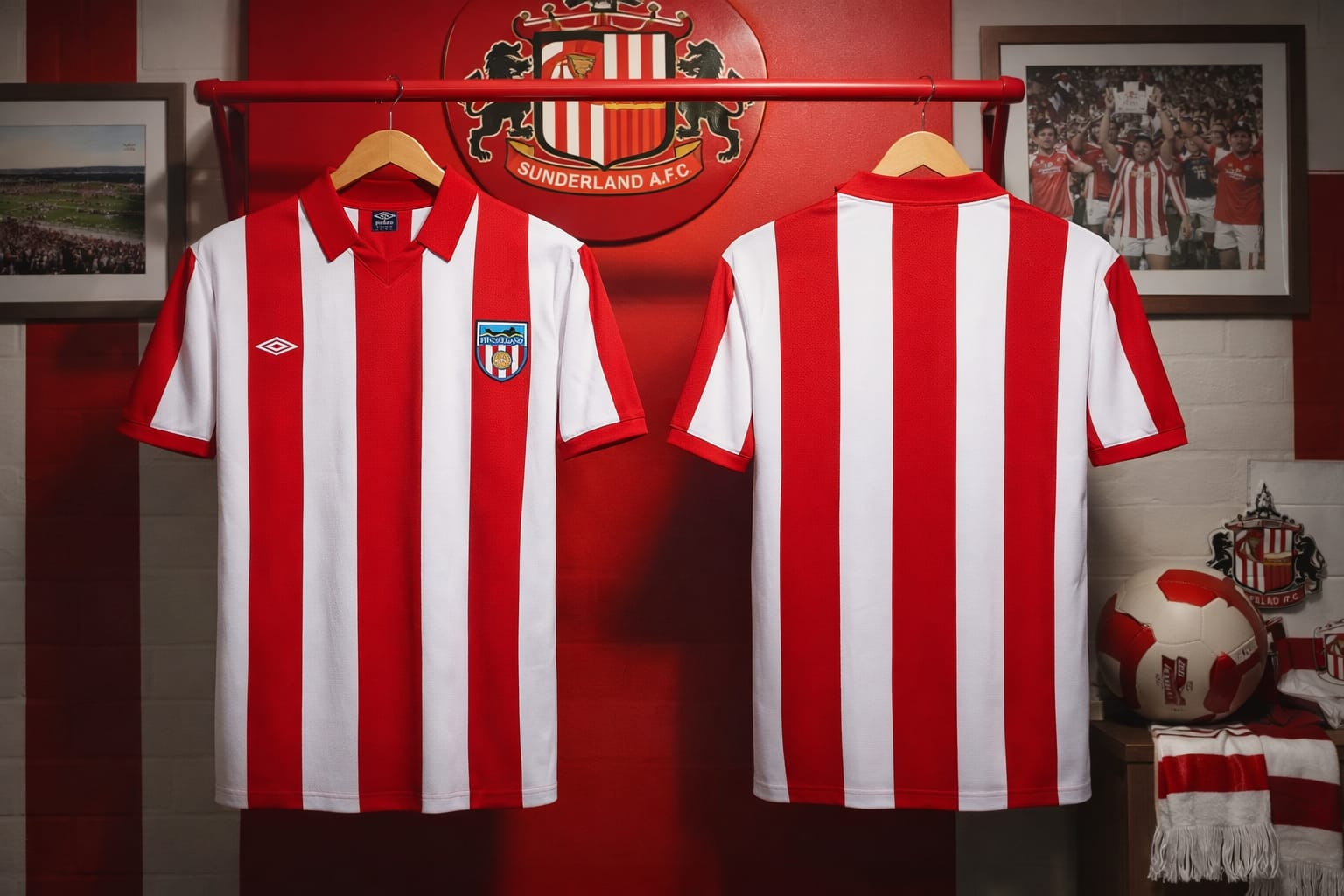 Red and white striped sports jerseys hanging on a rack with a club emblem in the background.
