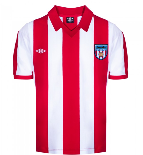 Red and white striped shirt with a logo on a white background