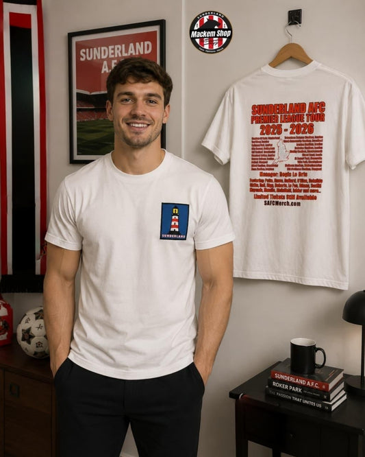 Sunderland AFC Premier League Tour T-Shirt on a fan with Sunderland Lighthouse logo on the front and tour and team details on the back side.