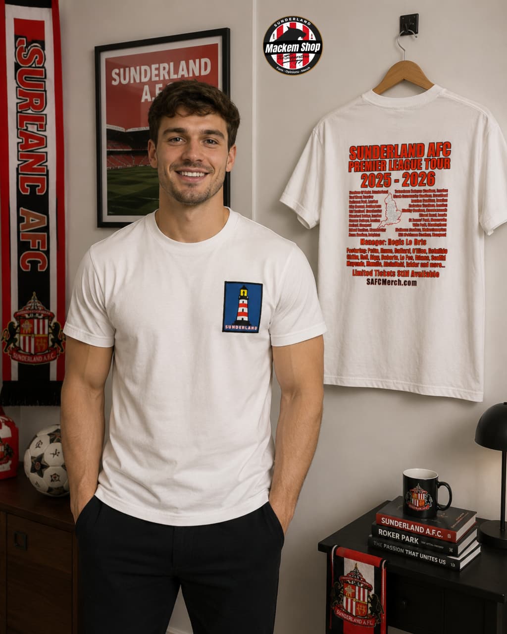 Sunderland AFC Premier League Tour T-shirt by Mackem Shop, on a Sunderland AFC Fan.