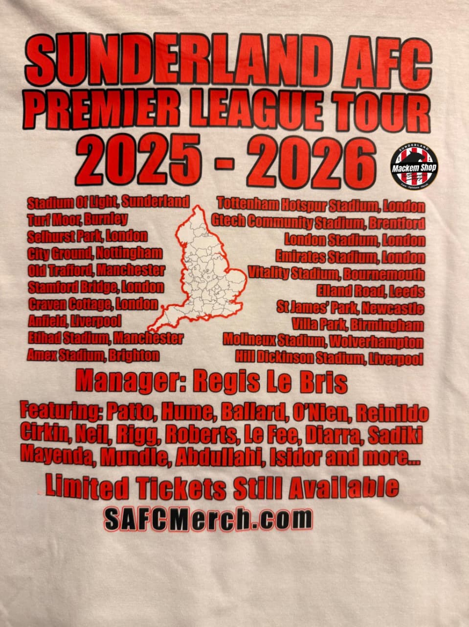 Sunderland AFC Premier League Tour 2025-2026 Print on a T shirt background.