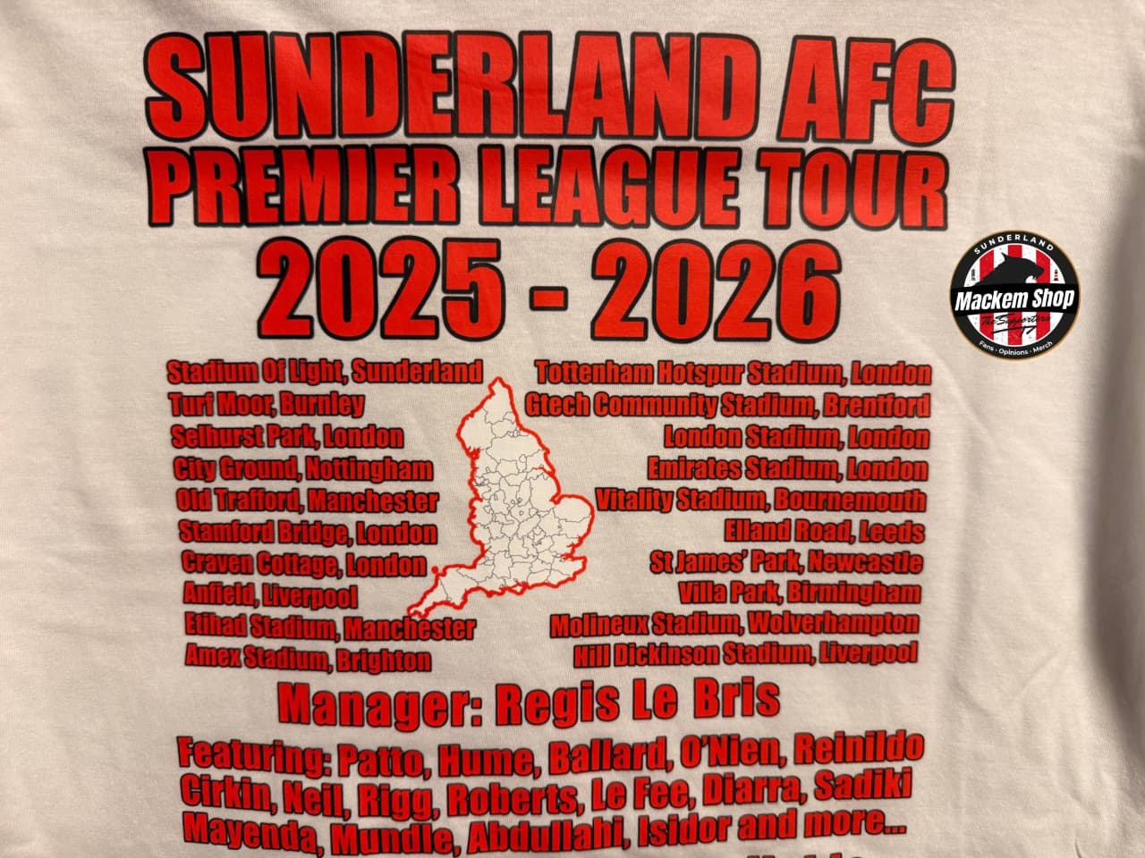 Back Print Sunderland AFC Premier League Tour 2025-2026 on a beige background.