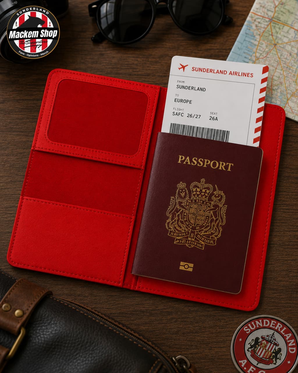 A red passport holder wallet shown open on a wooden surface, holding a UK passport and a boarding pass. Sunglasses, a map, and a dark leather bag are partially visible around it.