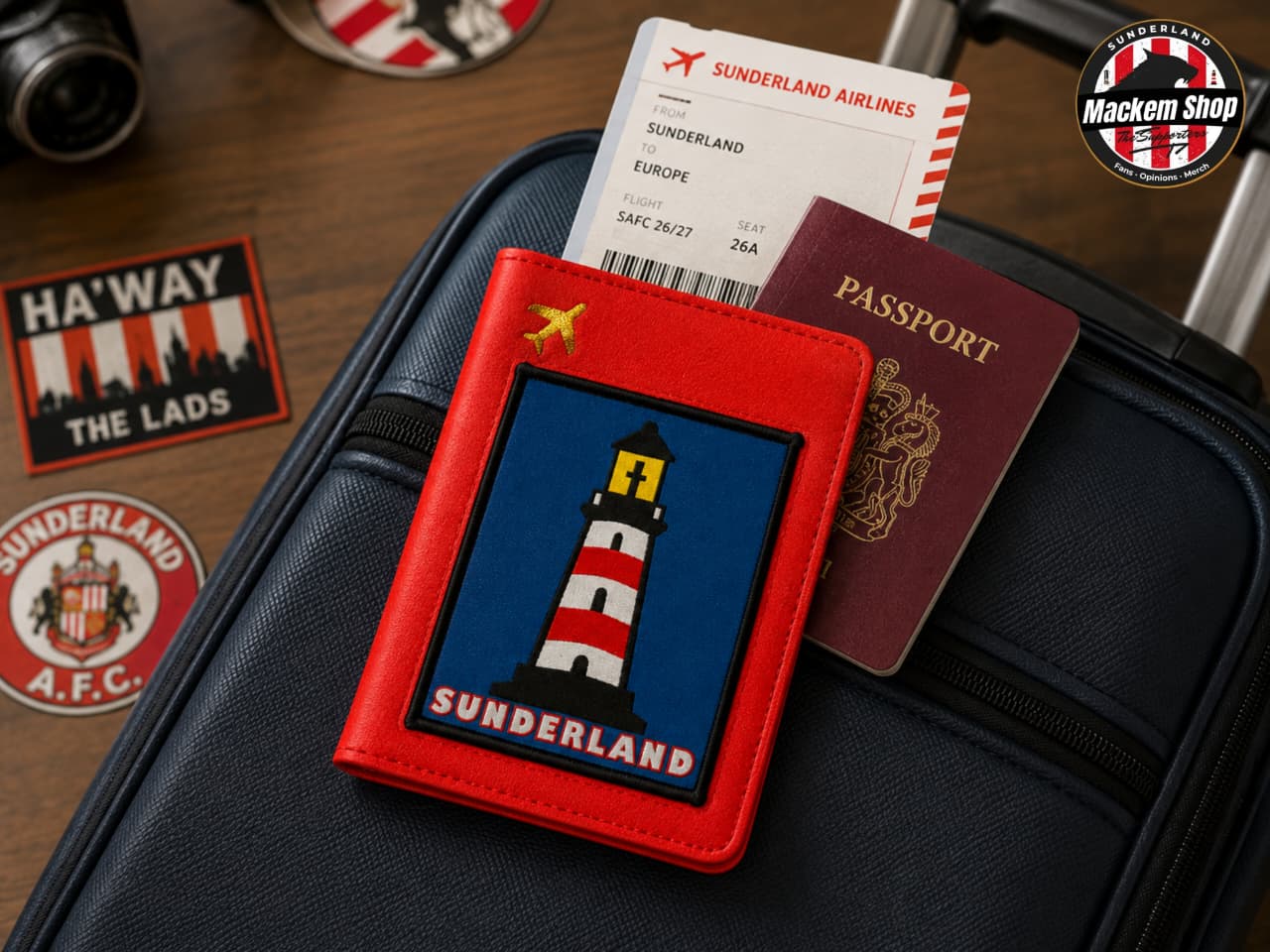 A red leather passport holder featuring a blue Sunderland lighthouse patch, styled on a black suitcase with a ticket, passport, and travel stickers.