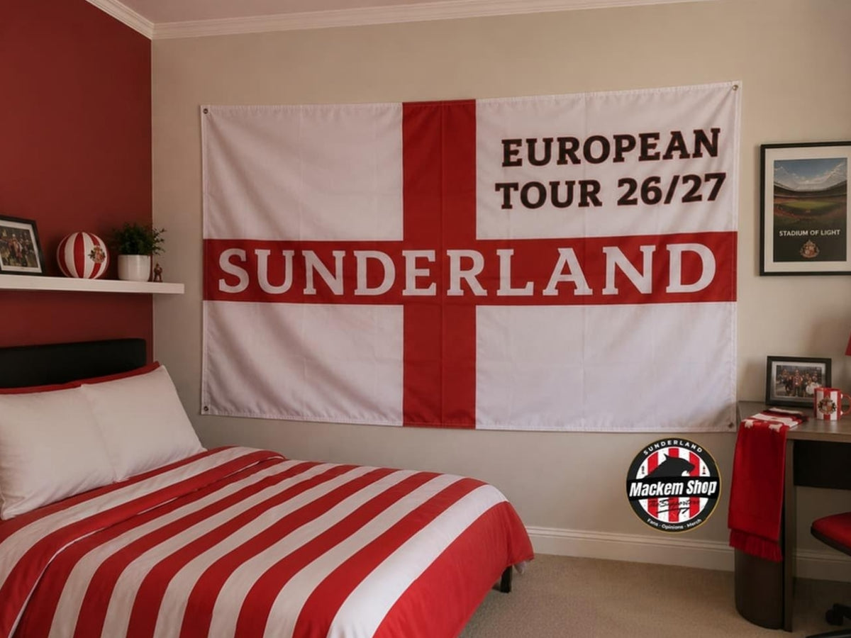 A red and white Sunderland football club flag with 'EUROPEAN TOUR 26/27' text, displayed on a bedroom wall above a bed with matching red and white striped bedding.
