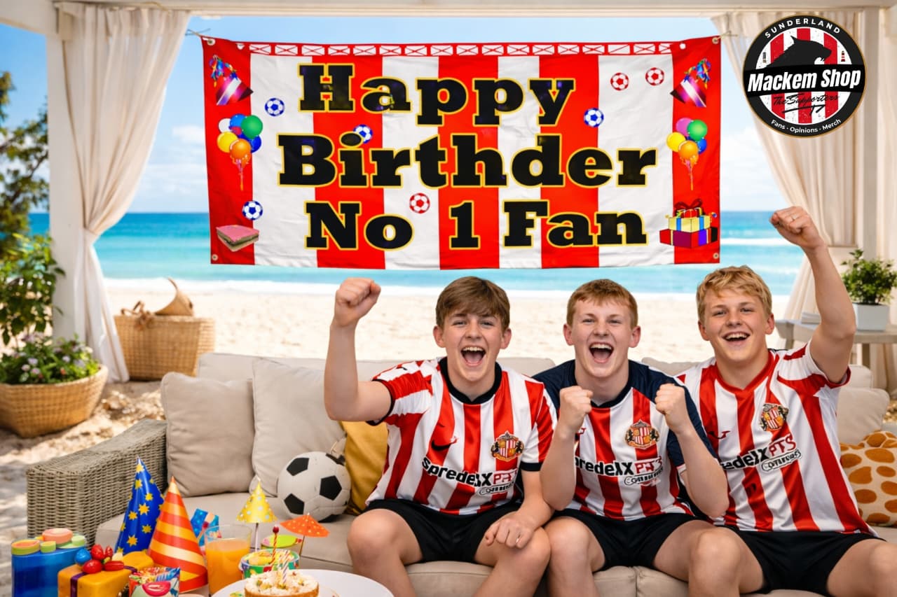 Three boys in sports jerseys celebrating a birthday with a 'Happy Birthday No 1 Fan' banner.
