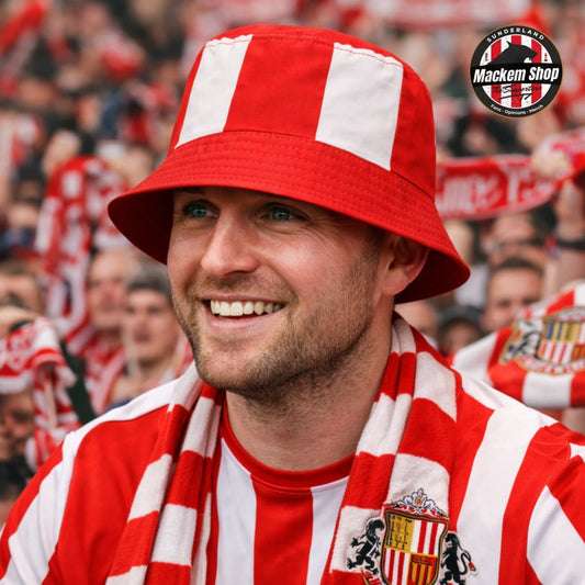 Man wearing a red and white bucket hat and scarf in a crowd, with 'Mackem Shop' logo.