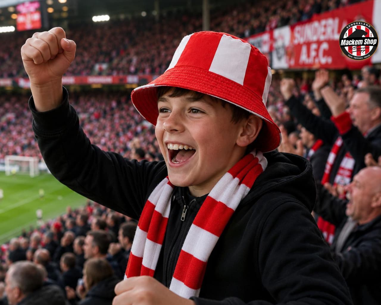 Young boy in Sunderland red and white bucket hat and scarf cheering at a sports event with 'Sunderland AFC' branding.