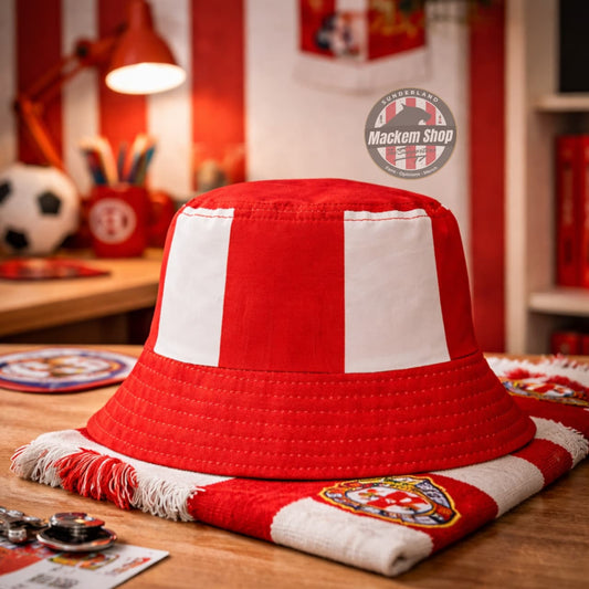 Red and white bucket hat with a matching scarf on a wooden surface, with a blurred background.
